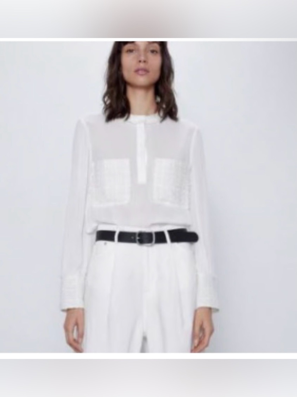 Zara Ivory Sheer Textured Bouclé-Trim Blouse with Fringe Detail